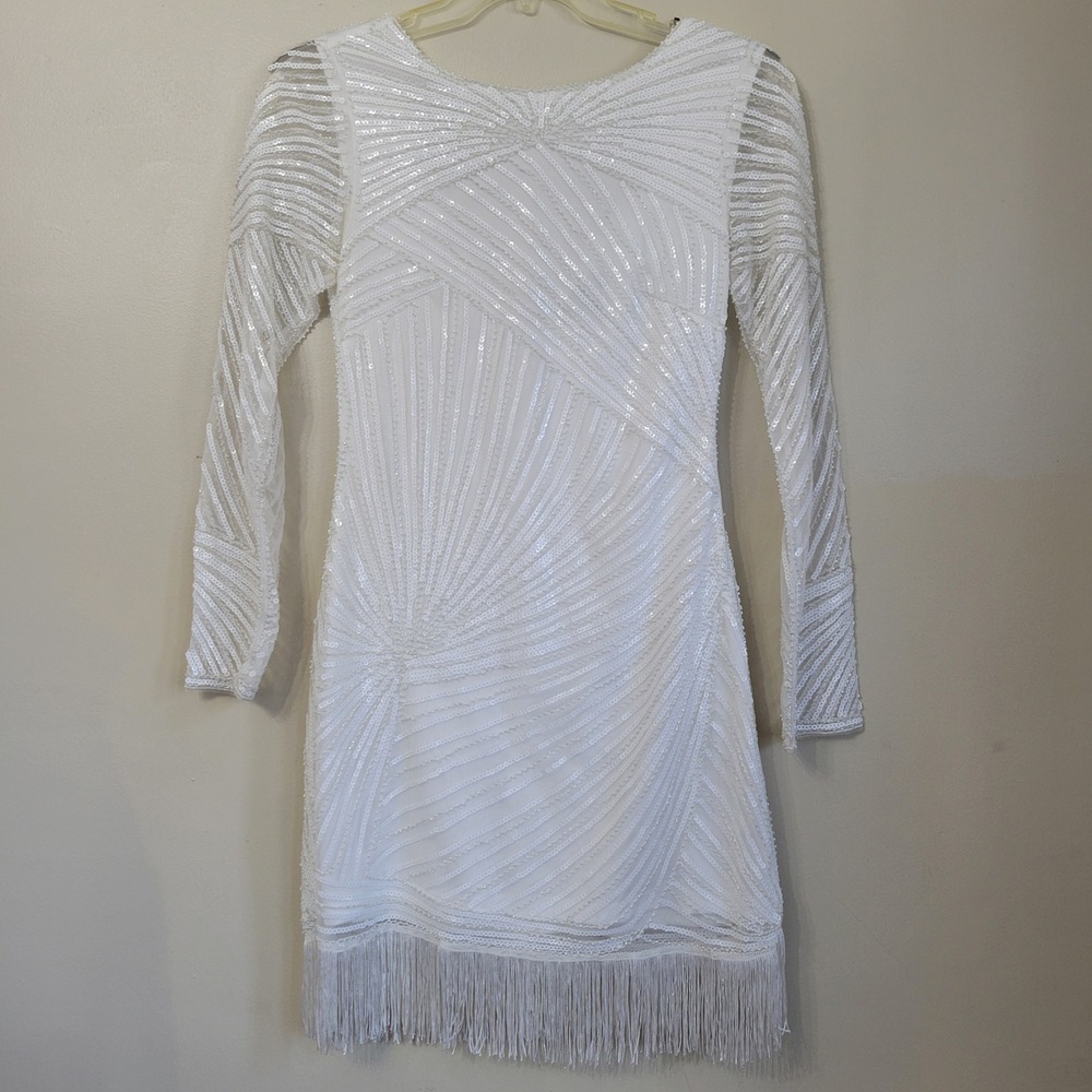 Lulus Better than Magic White Sequin Fringe Long Sleeve Mini Dress Medium Bridal